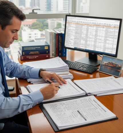 Especialista analisando documentos de importação