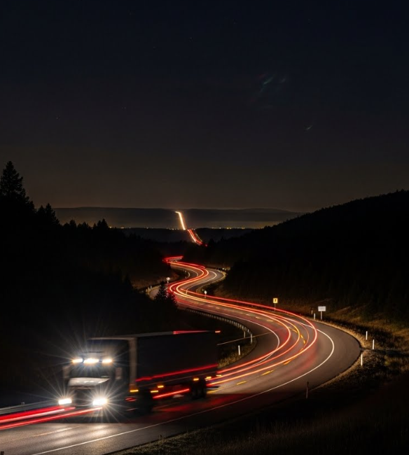 Caminhão em estrada à noite